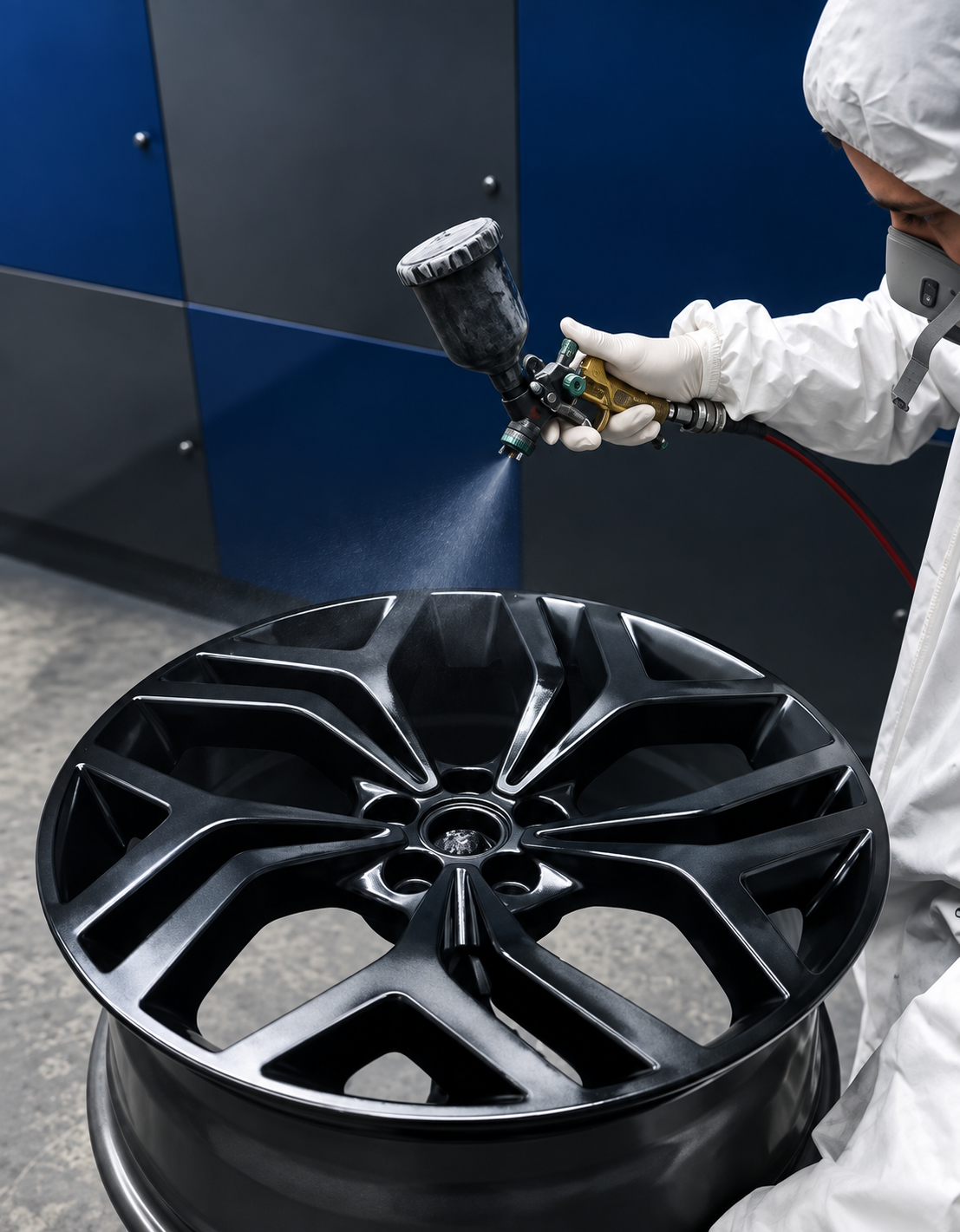 Profissional aplicando pintura e acabamento em uma roda
